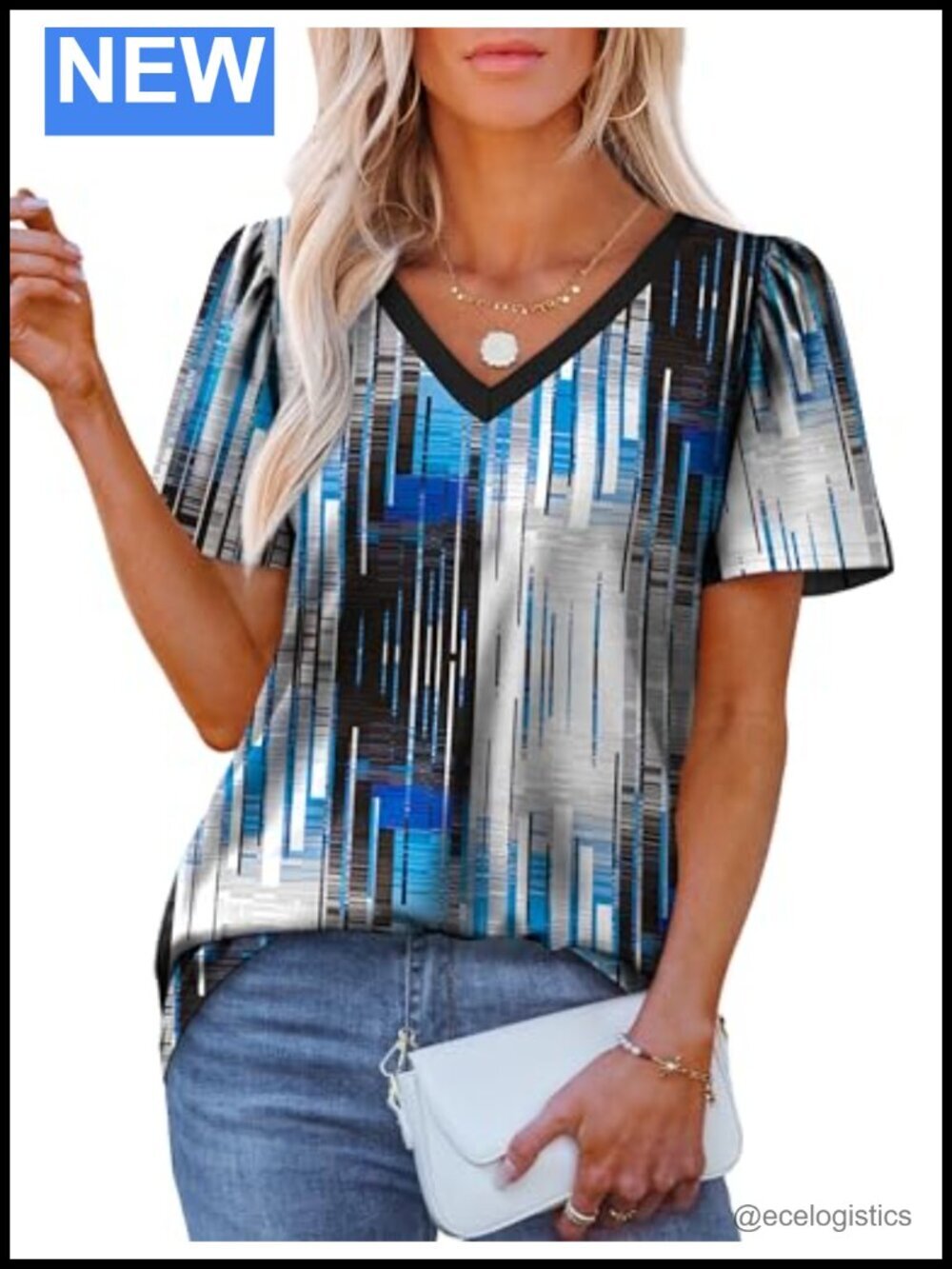 V Neck Puff Short Sleeve Loose Fit Tunic T Shirt